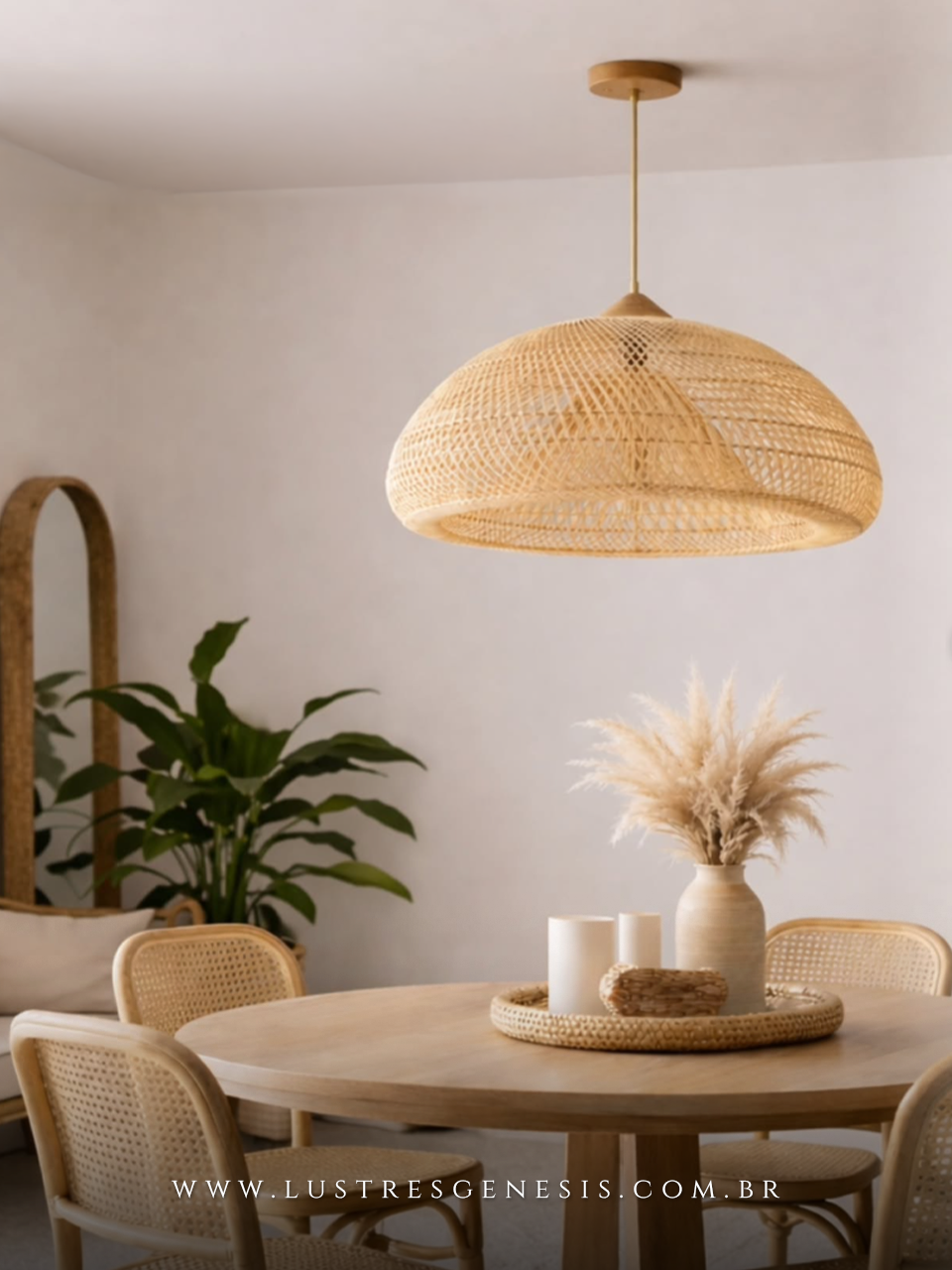 L&uacute;minaria Pendente de Rattan Natural &Oslash;60cm Dourado com Canopla Madeira para Bancada Cozinha &Aacute;rea Gourmet, Lavabo, Cabeceira